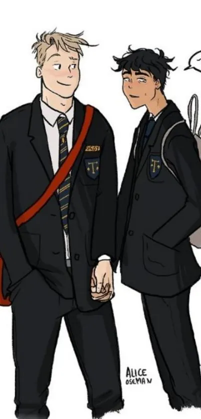 Cartoon sketch of two schoolboys holding hands in uniform.