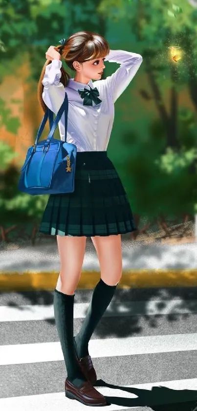 Anime-style schoolgirl with blue bag in a lush green setting.