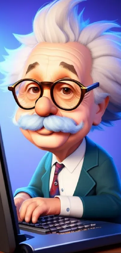 Cartoon scientist with white hair at a computer in a blue suit.