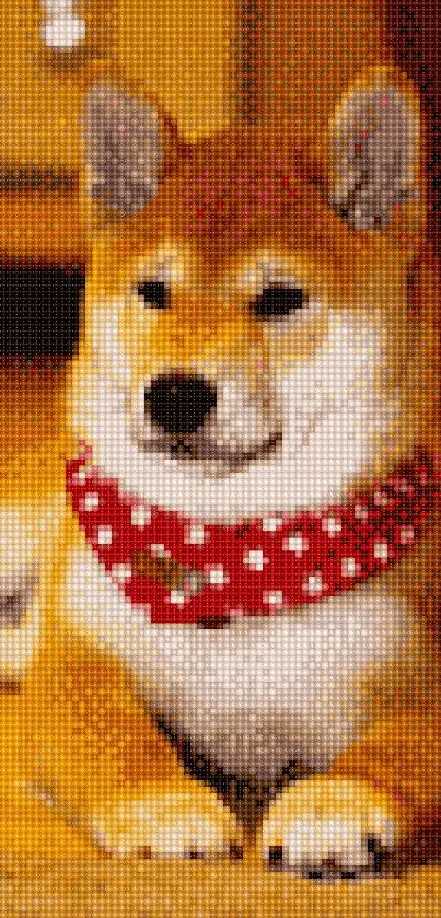 A Shiba Inu with red bandana on tranquil background.