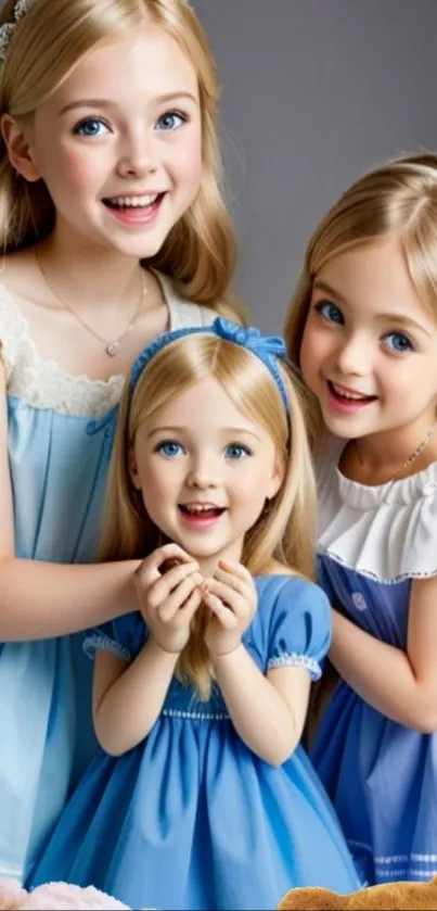 Three charming young sisters in cute blue dresses smiling together.