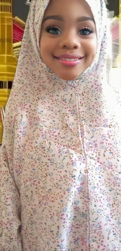 Person in traditional attire, smiling in a vibrant background.