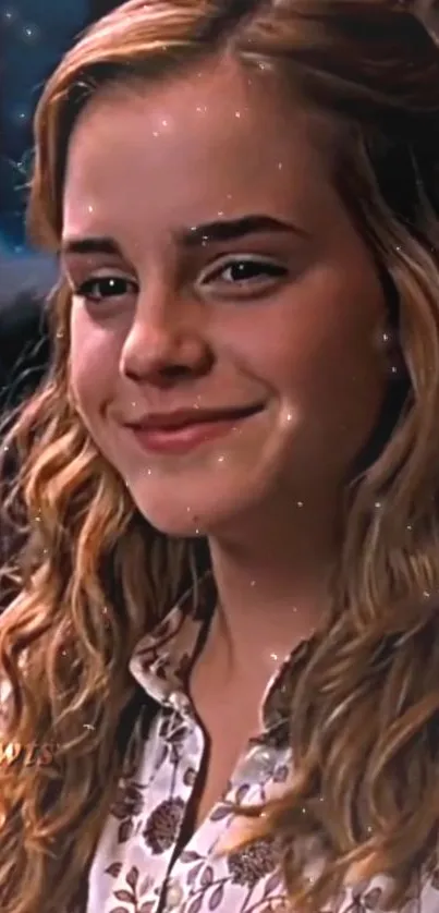 Smiling girl with warm brown tones and soft lighting effect.