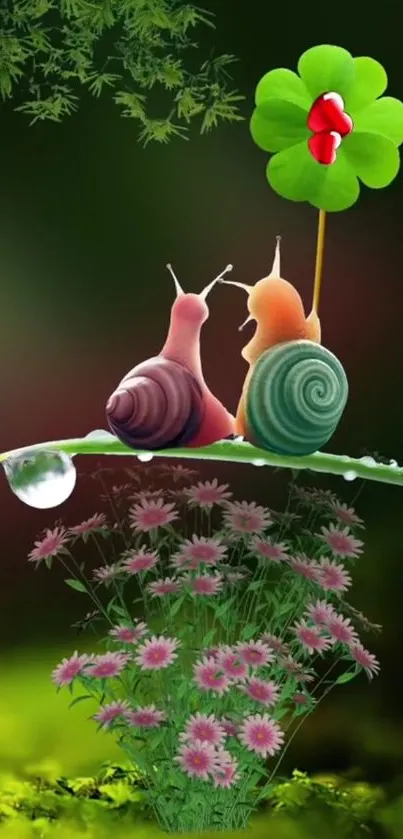 Whimsical snails on a leaf with clover and flowers in vibrant green.