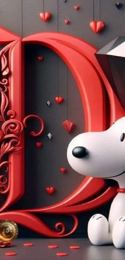 Snoopy in red-themed mobile wallpaper with elegant accents.