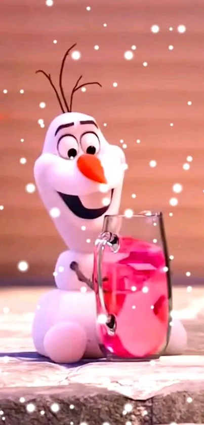 Charming animated snow character with drink and falling snowflakes.