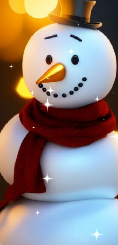 Festive snowman with red scarf, hat, and glowing bokeh lights.