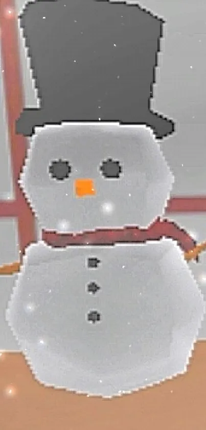 Pixelated snowman with top hat and scarf on a table.