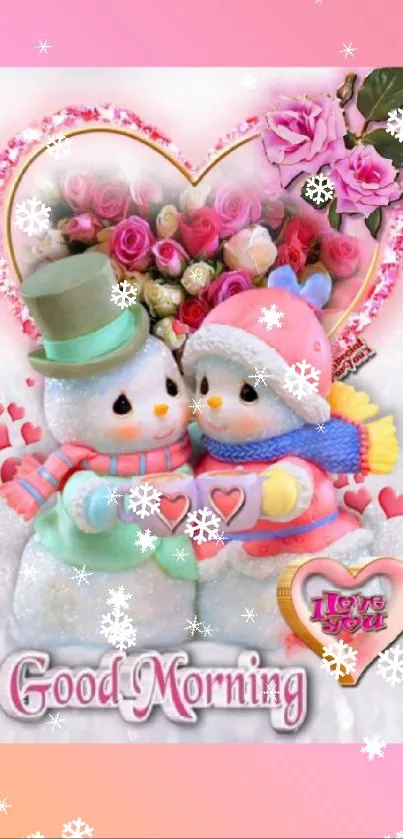 Snowman couple with roses saying Good Morning.