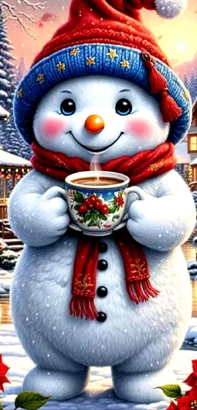 Cute snowman wearing a red hat, holding a cup, with snowy cottages in the background.