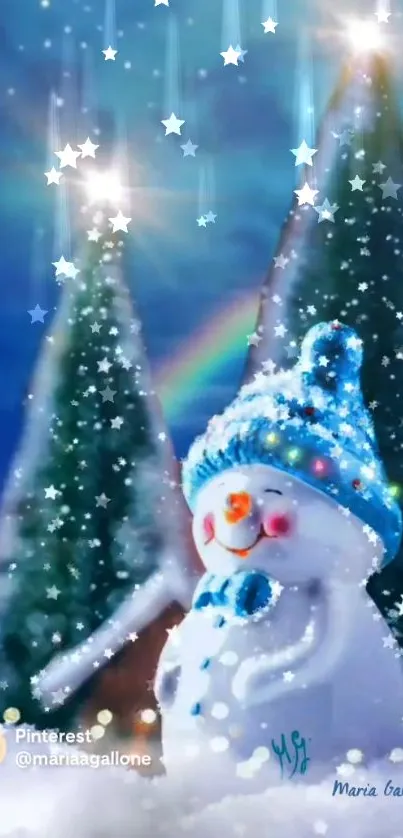 Charming snowman amid sparkling snowflakes and vibrant winter scenery.