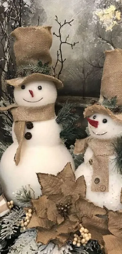 Two snowmen in burlap hats with a winter forest background.