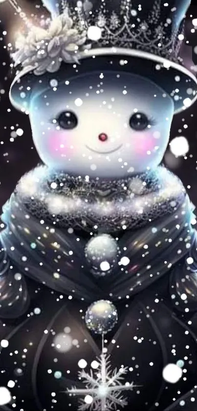 Charming snowman with hat and scarf in snowfall