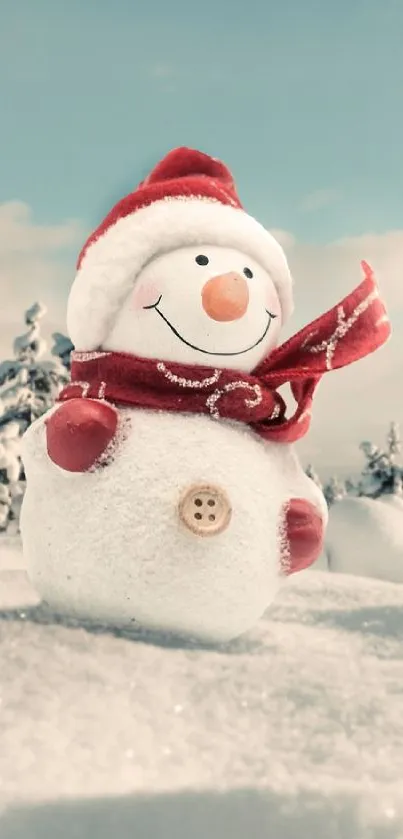 Charming snowman in a winter wonderland with snowy trees.