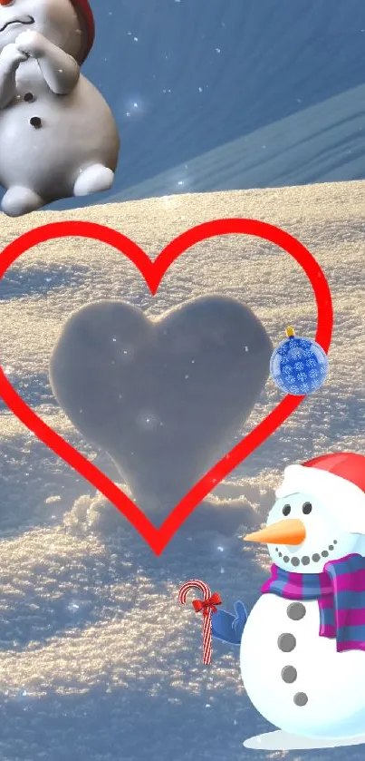 Festive snowman with heart in snow, winter theme.