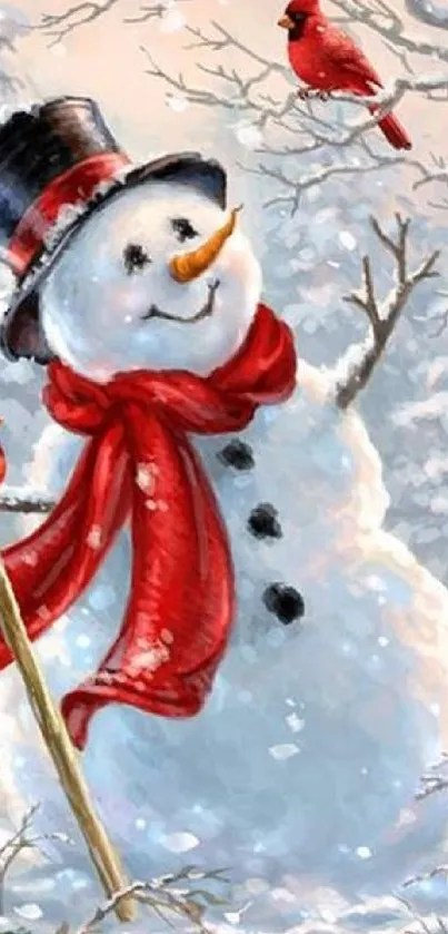 Snowman with red scarf in snowy winter scene.