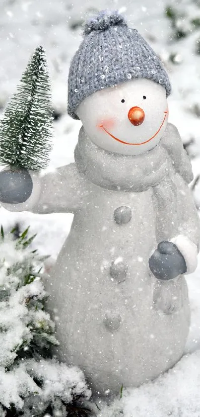 Charming snowman in a snowy landscape.