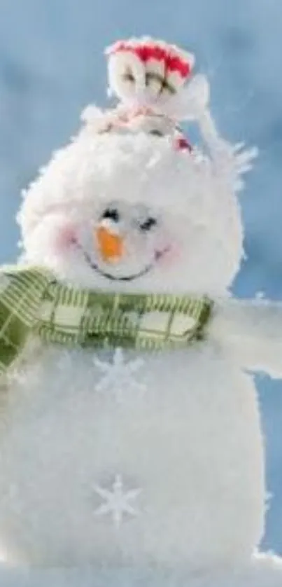 Charming snowman with green scarf in winter scene.