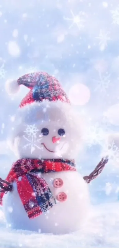 Cute snowman in a snowy winter landscape with festive colors.