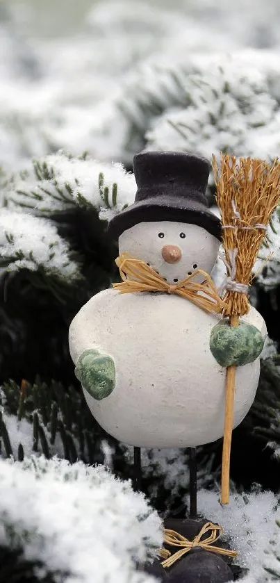 Charming snowman with broom in a snowy winter scene.