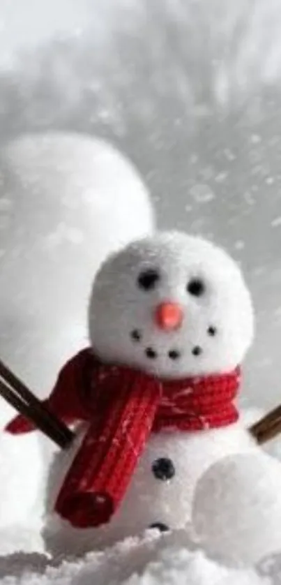 Snowman with red scarf in snowy background.