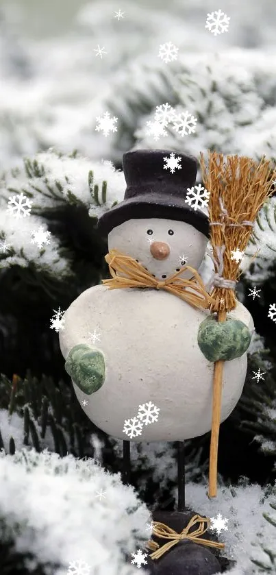 Charming snowman with broom in snowy landscape.