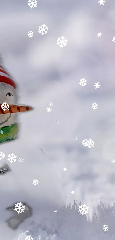 Charming snowman with falling snowflakes on a winter-themed mobile wallpaper.