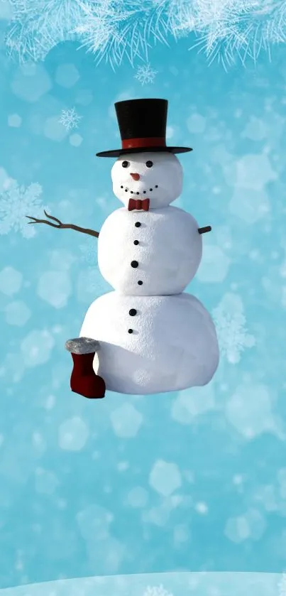 Charming snowman on a sky blue winter background with snowflakes.