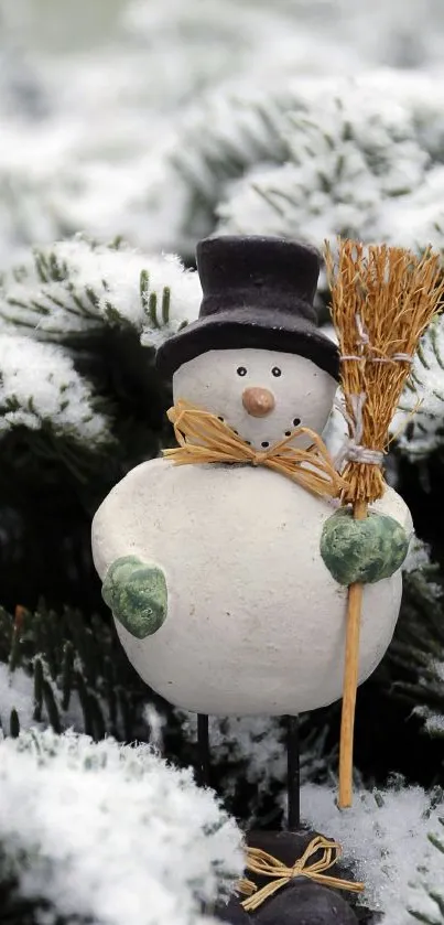 Charming snowman with a broom in a snowy winter scene