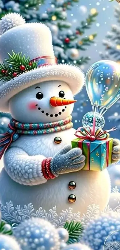 Smiling snowman with gift in snowy forest.
