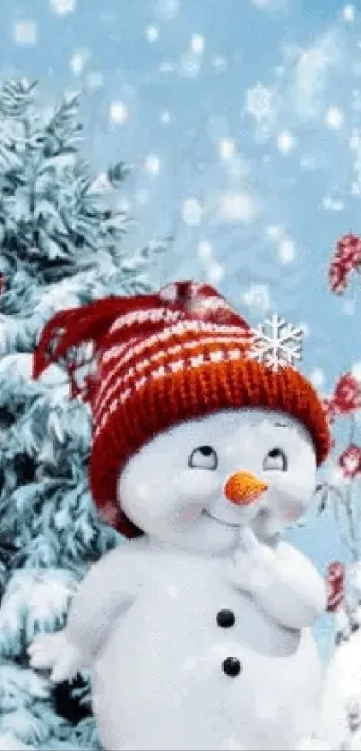 A snowman in a red hat amidst a snowy winter scene with trees.