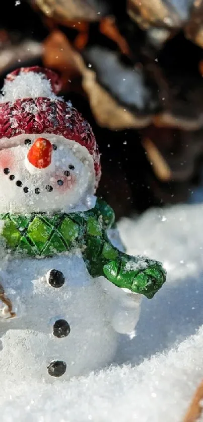 Cute snowman with red hat and green scarf in snow.