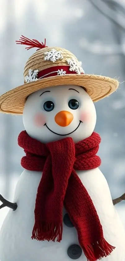 Charming snowman in red scarf with straw hat in snowy setting.