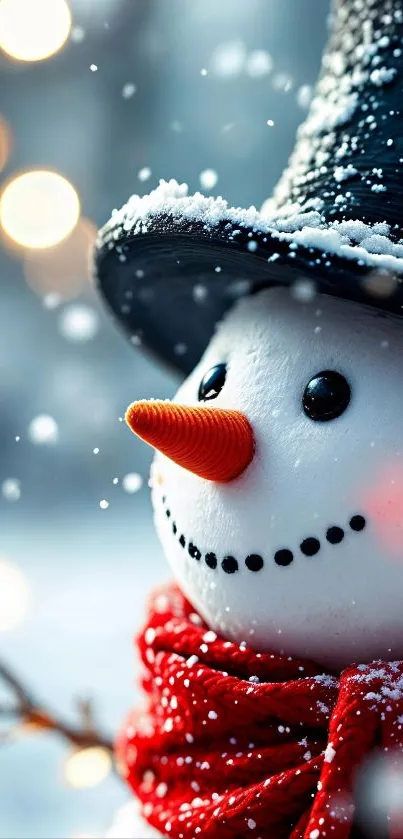 Whimsical snowman with red scarf and hat in snowy background.