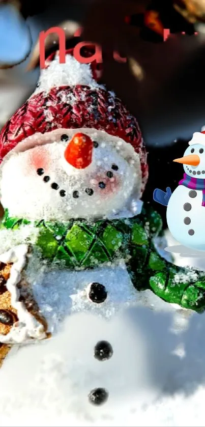 Charming snowman with festive winter accents and snowy background.
