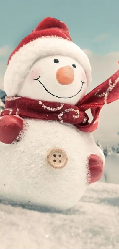 Charming snowman on snowy landscape with pine trees under a clear sky.
