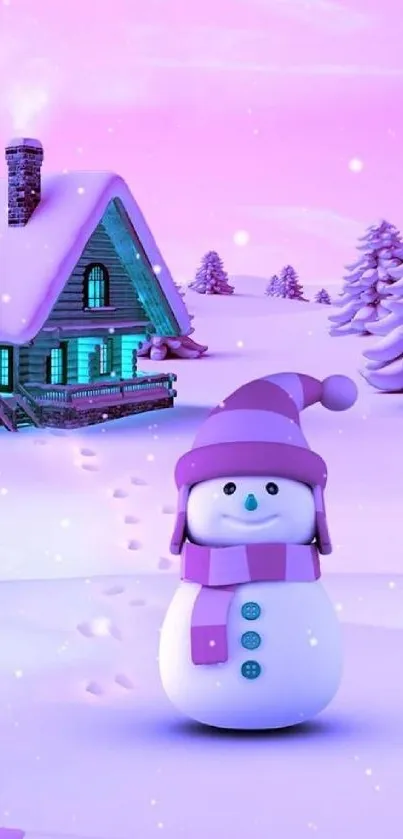 Snowman in a winter landscape with a cozy cabin and pink background.