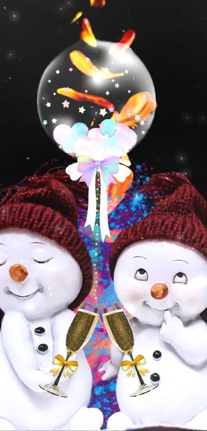 Two snowmen with maroon hats holding a balloon and champagne glasses.