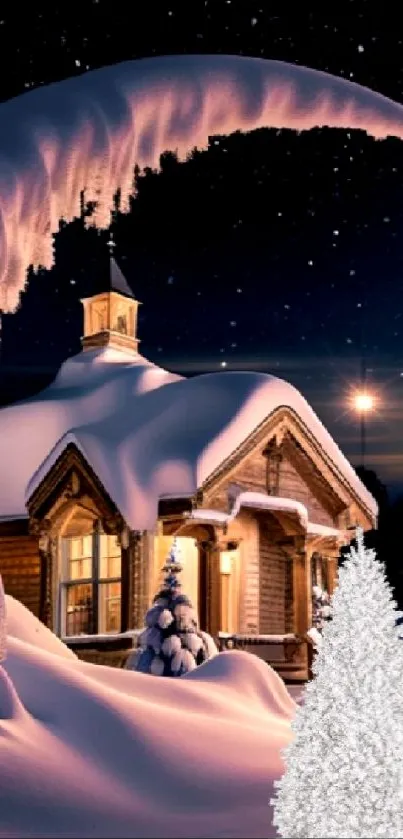 Snow-covered cabin at night with glowing lights and winter trees.