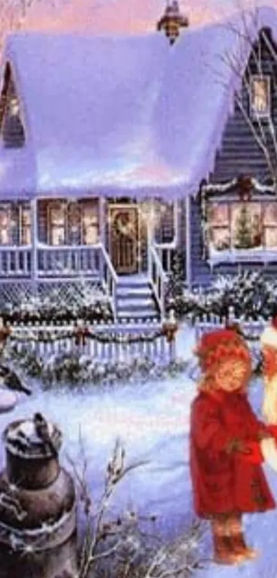 Charming winter scene with Santa and child by snow-covered house.