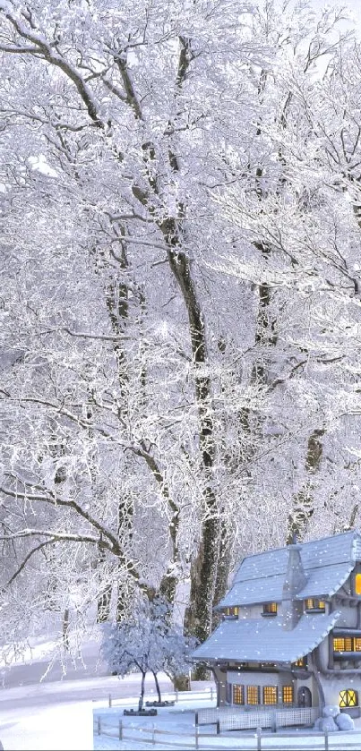 A charming snowy cottage in a winter forest with snow-covered trees.