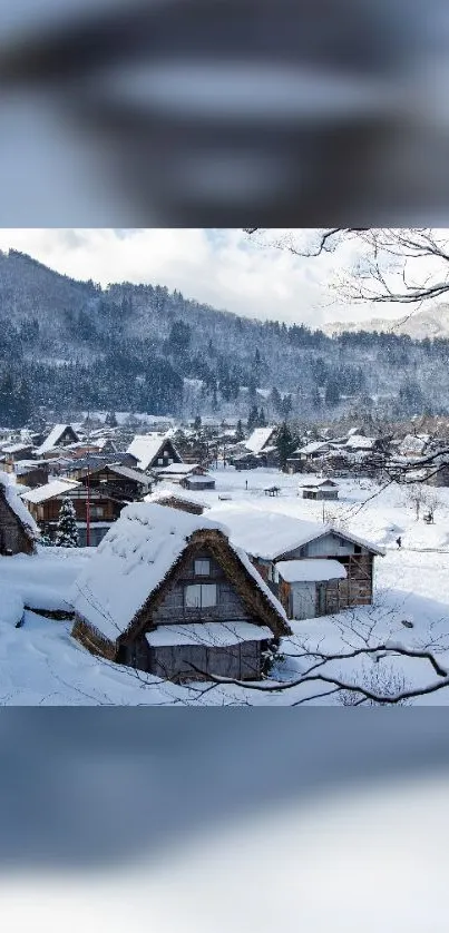 Snow-covered village nestled in snowy mountain landscape, featuring cozy cabins.