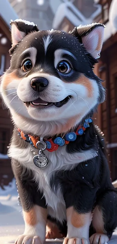 Adorable puppy with snowy background, happy expression, and vivid details.