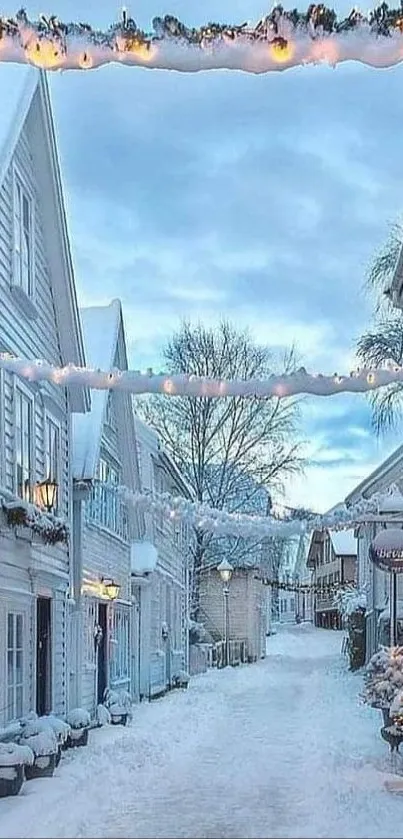 Snowy street with decorative lights and winter atmosphere.