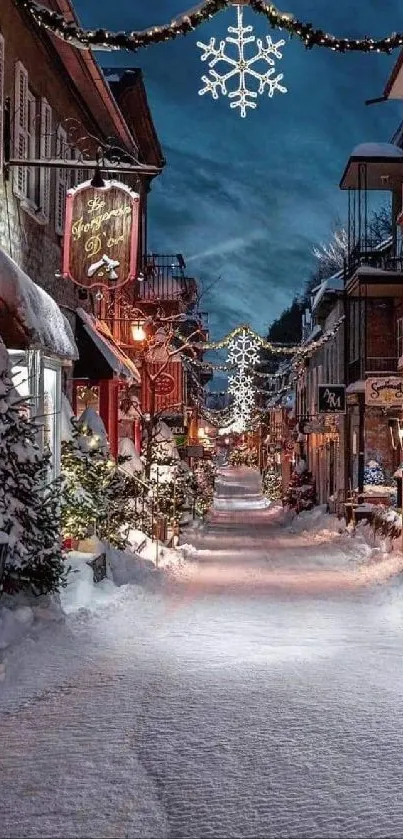 Snowy street with festive lights and decorations in a charming winter village.