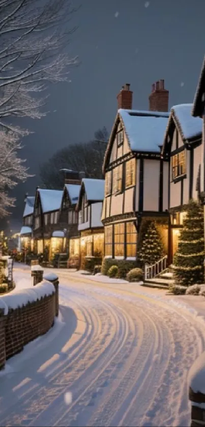 Charming snowy village at night, with decorated tree.