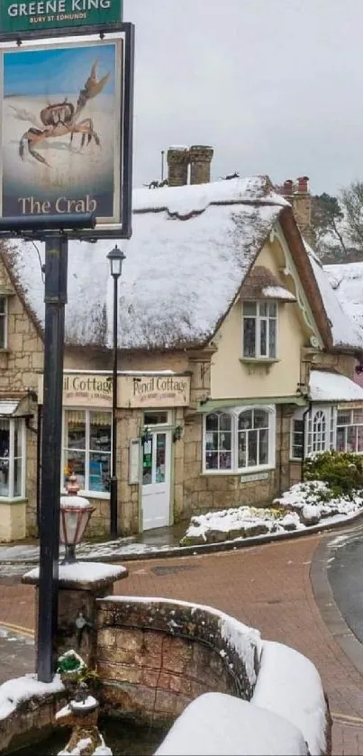 Charming snowy village with thatched cottages and historic sign in winter.