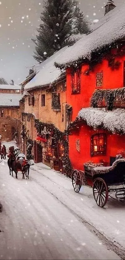 Snowy village street with cozy red houses and festive decorations.