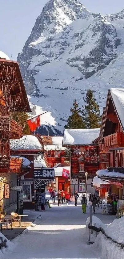 A charming snowy village with mountain backdrop.