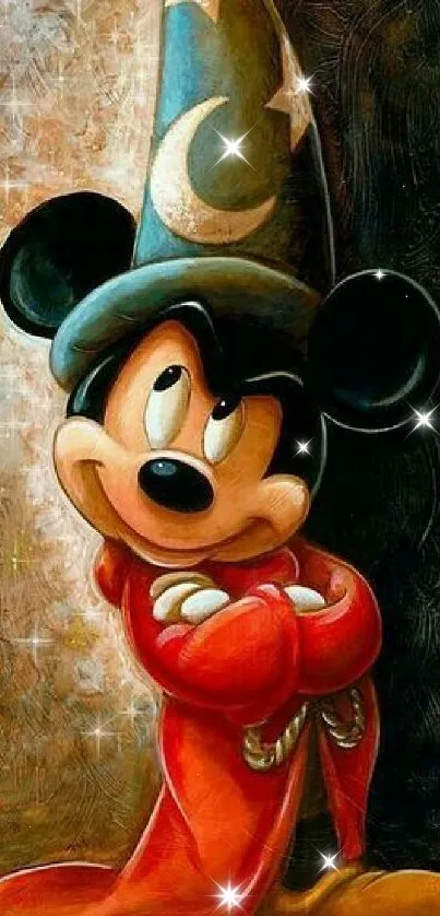 Artistic wallpaper featuring a sorcerer mouse in a red robe and wizard hat.